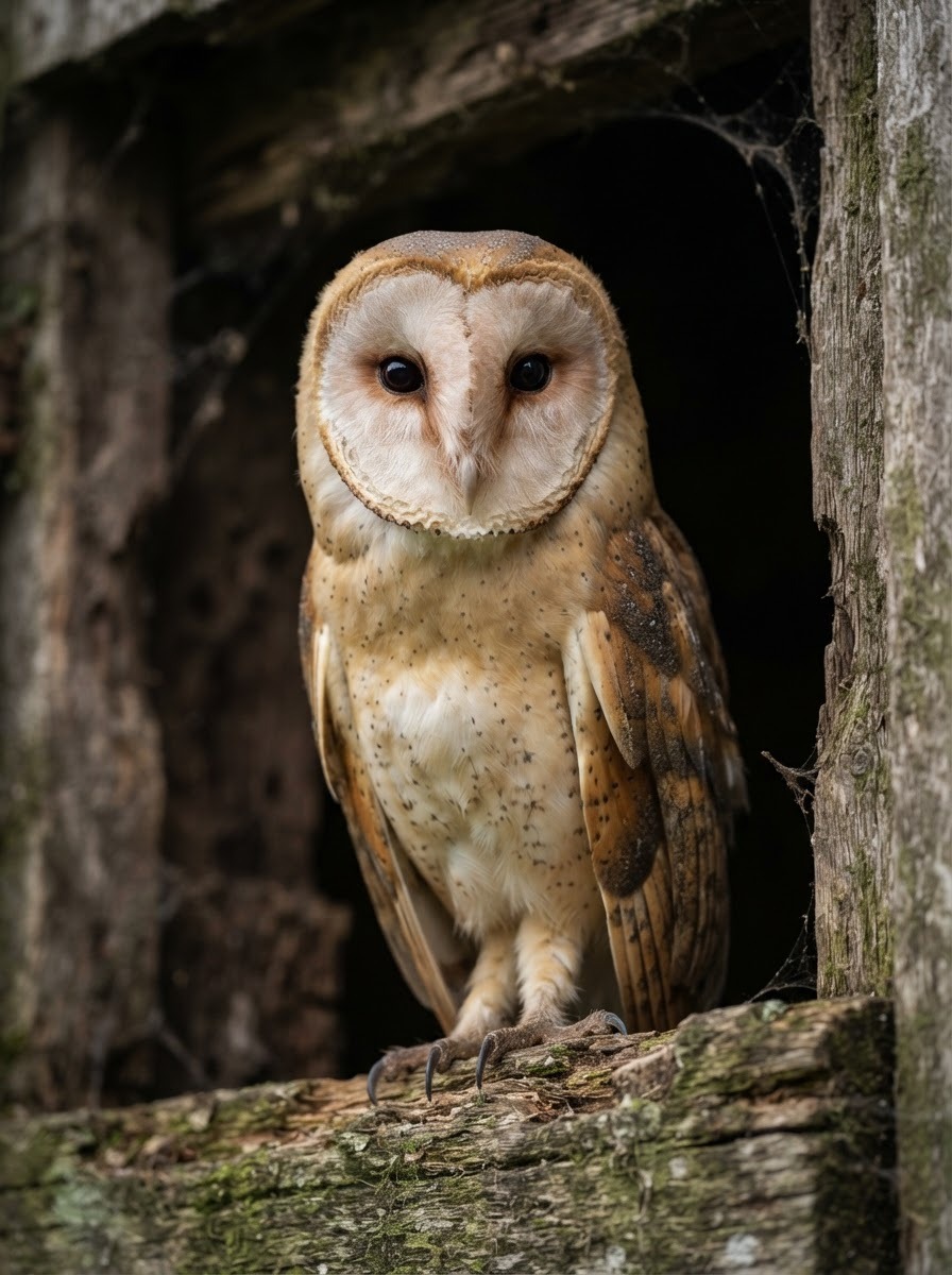 Close-up photo of a barn owl with a pale heart-shaped facial disc perched in a barn opening