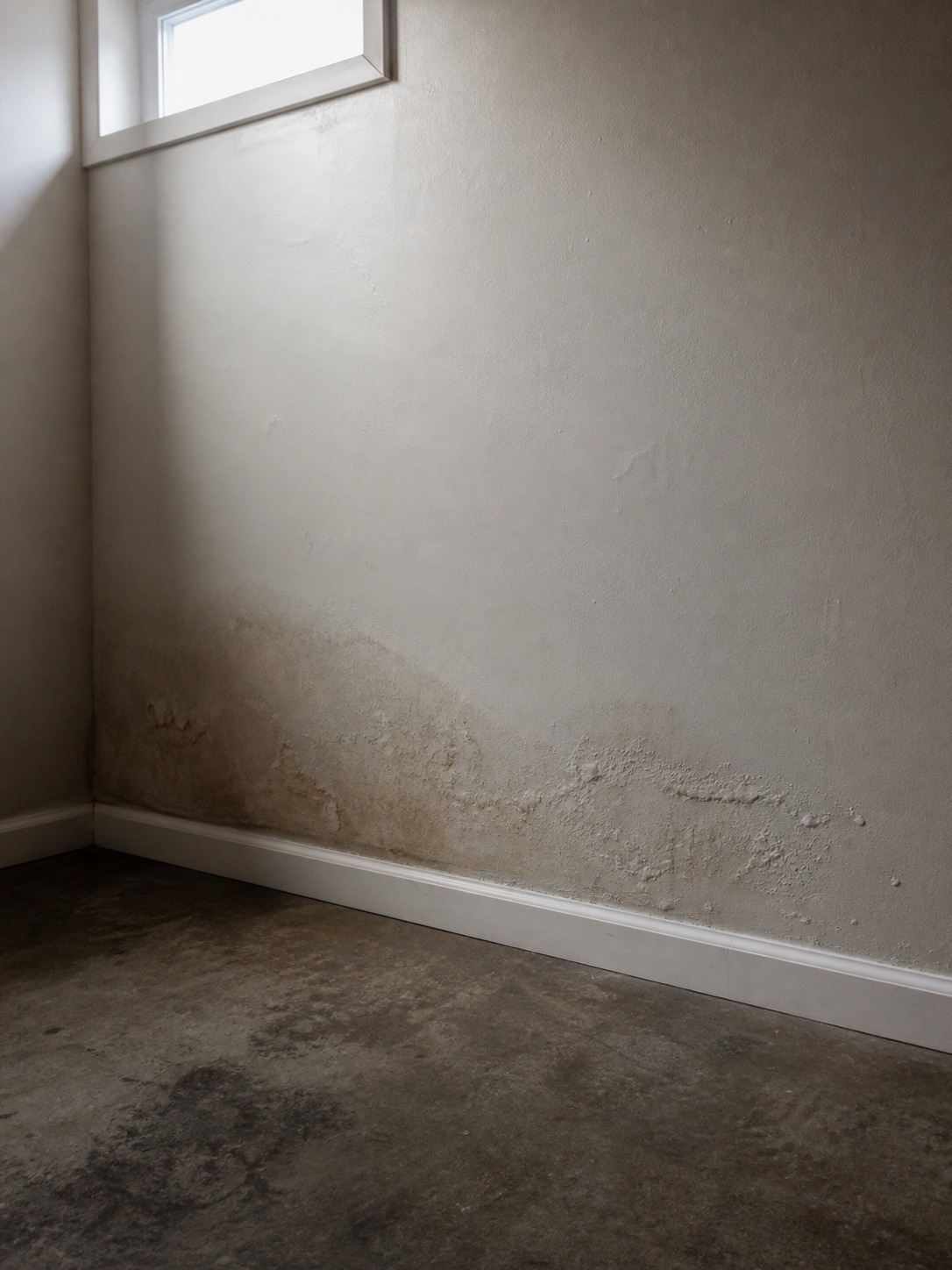 Damp Wall Warning Sign Basement wall with a damp patch and bubbled paint near the baseboard after moisture exposure. | Sky Rye Design Basement wall with a damp patch and bubbled paint near the baseboard after moisture exposure.
