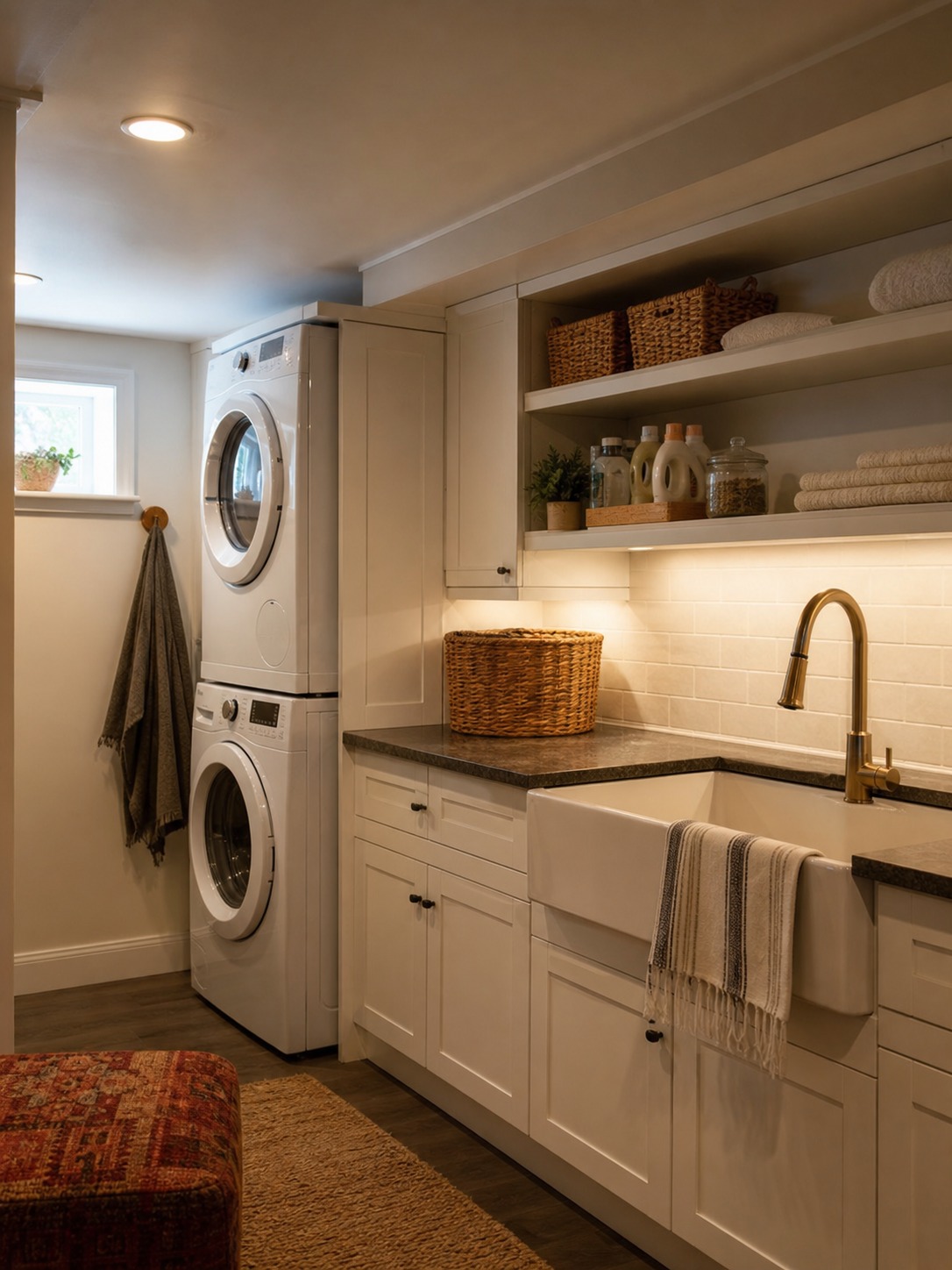 Designed Laundry Zone Finished basement laundry zone with stacked washer dryer, shelving, folding counter, and utility sink. | Sky Rye Design Finished basement laundry zone with stacked washer dryer, shelving, folding counter, and utility sink.