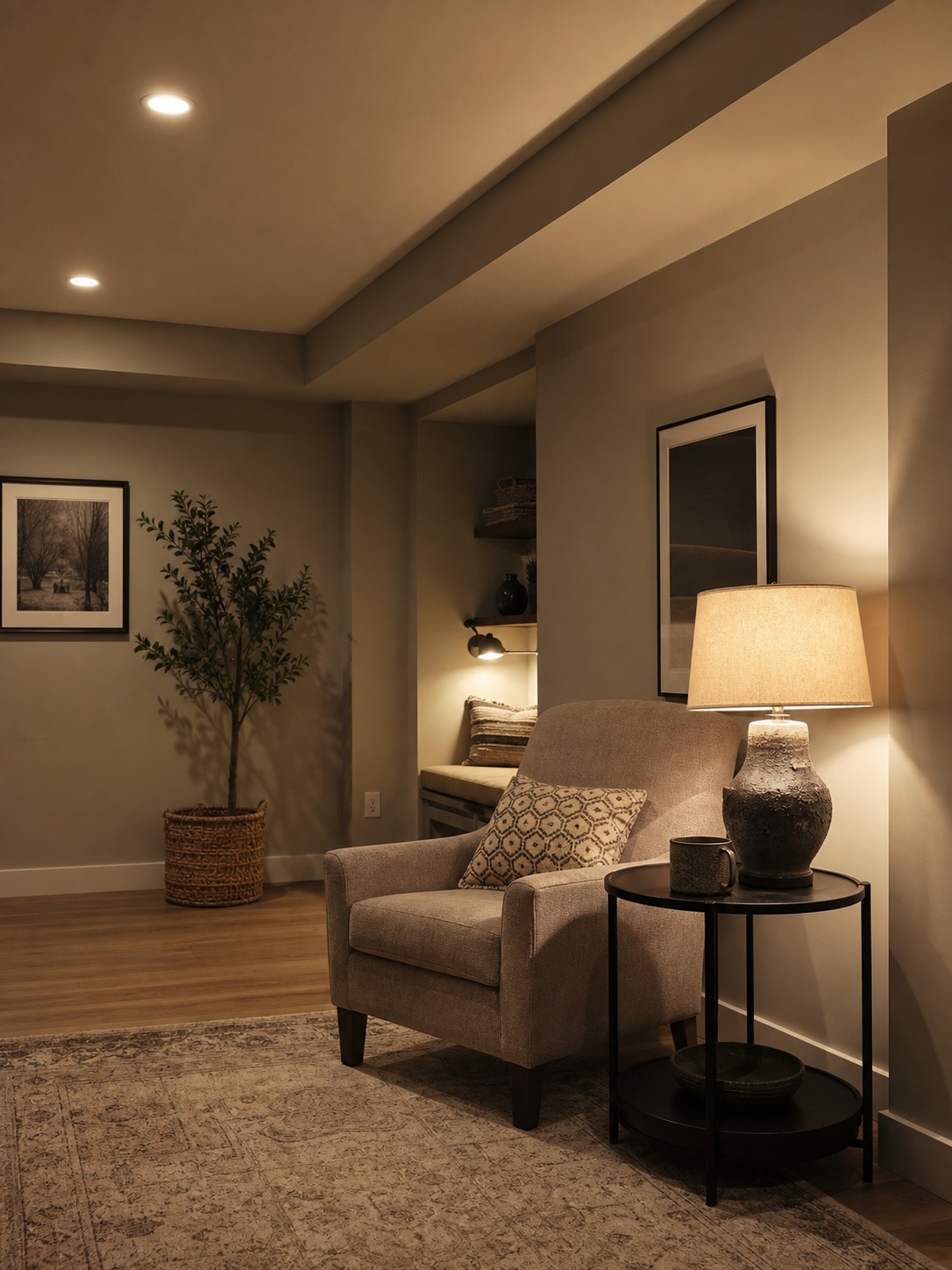 Layered Seating Corner Basement seating corner with recessed lights, a floor lamp, and task lighting for a reading nook. | Sky Rye Design Basement seating corner with recessed lights, a floor lamp, and task lighting for a reading nook.