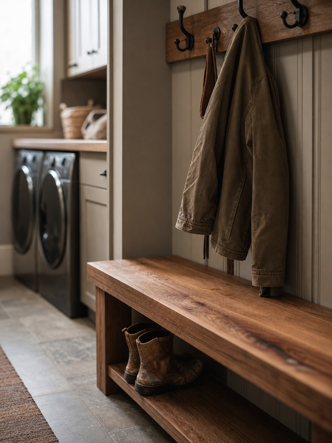 Mudroom Bench Detail Basement mudroom bench with hooks, boots, and warm wood details beside a laundry area. | Sky Rye Design Basement mudroom bench with hooks, boots, and warm wood details beside a laundry area.