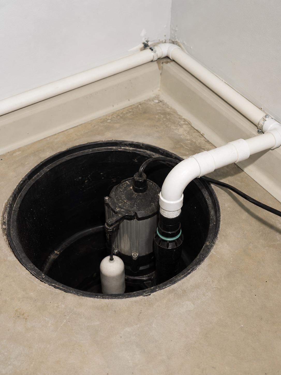 Sump Pit and Pump Sump pit and pump installed in a clean finished basement floor corner. | Sky Rye Design Sump pit and pump installed in a clean finished basement floor corner.