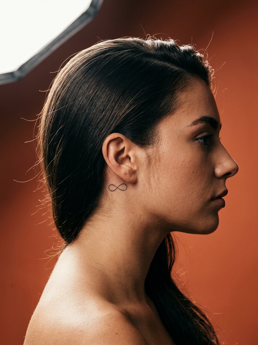 A tiny fine-line infinity tattoo behind the ear with swept-back hair