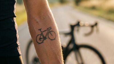 Fine-line inner forearm tattoo of a drop-bar road bike silhouette on a professional cyclist.