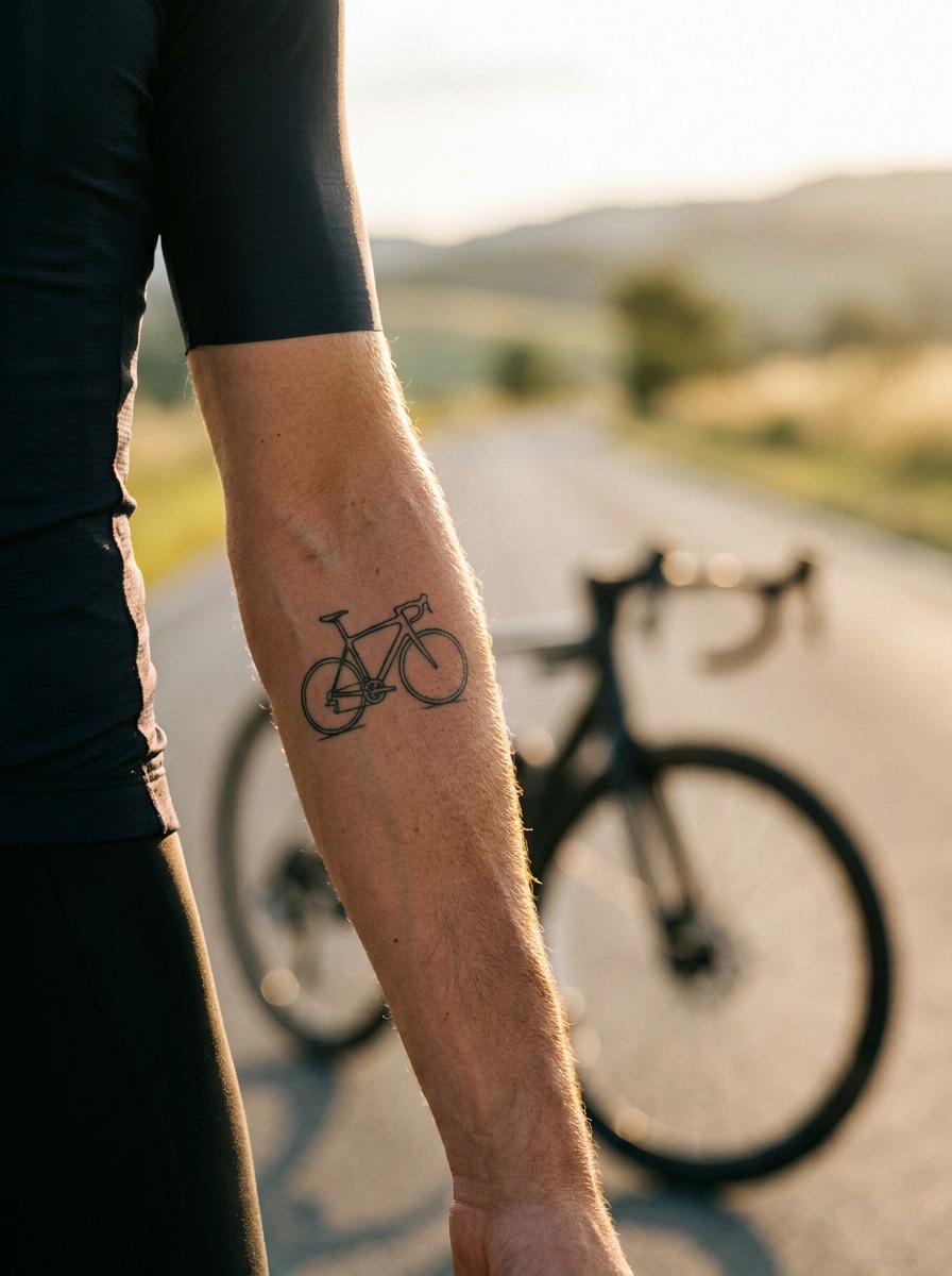 Drop-Bar Road Bike Silhouette Forearm Tattoo Fine-line inner forearm tattoo of a drop-bar road bike silhouette on a professional cyclist. | Sky Rye Design Fine-line inner forearm tattoo of a drop-bar road bike silhouette on a professional cyclist.