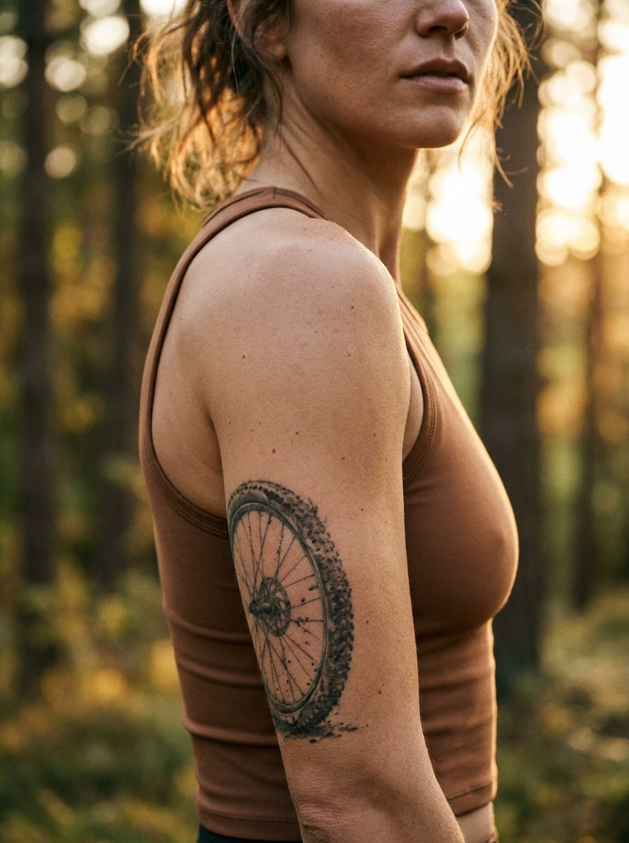 Mud-Splattered MTB Wheel Realism Shoulder Tattoo Realism shoulder tattoo of a mud-splattered mountain bike wheel with detailed spokes. | Sky Rye Design Realism shoulder tattoo of a mud-splattered mountain bike wheel with detailed spokes.