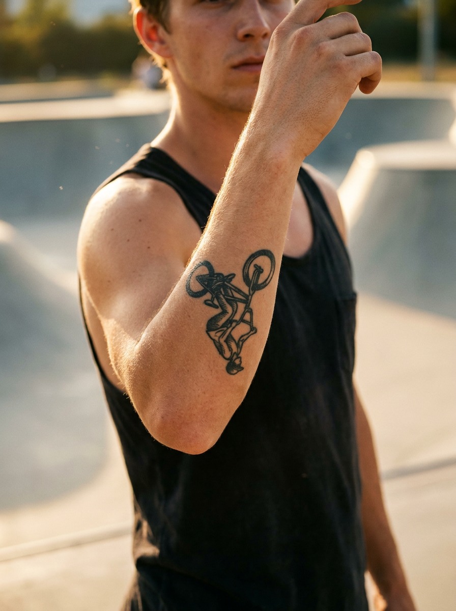 BMX Freestyle Mid-Air Trick Silhouette Forearm Tattoo Bold blackwork forearm tattoo of a mid-air BMX freestyle trick silhouette. | Sky Rye Design Bold blackwork forearm tattoo of a mid-air BMX freestyle trick silhouette.