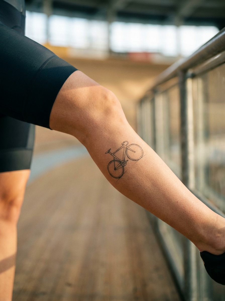 Track Bike Fixed-Gear Profile Calf Tattoo Single-needle fine-line calf tattoo of a fixed-gear track bike side profile. | Sky Rye Design Single-needle fine-line calf tattoo of a fixed-gear track bike side profile.