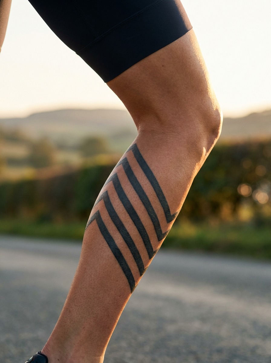 Racing Finish-Line Chevron Stripes Calf Tattoo Bold blackwork calf tattoo of diagonal finish-line chevron stripes on a road cyclist. | Sky Rye Design Bold blackwork calf tattoo of diagonal finish-line chevron stripes on a road cyclist.