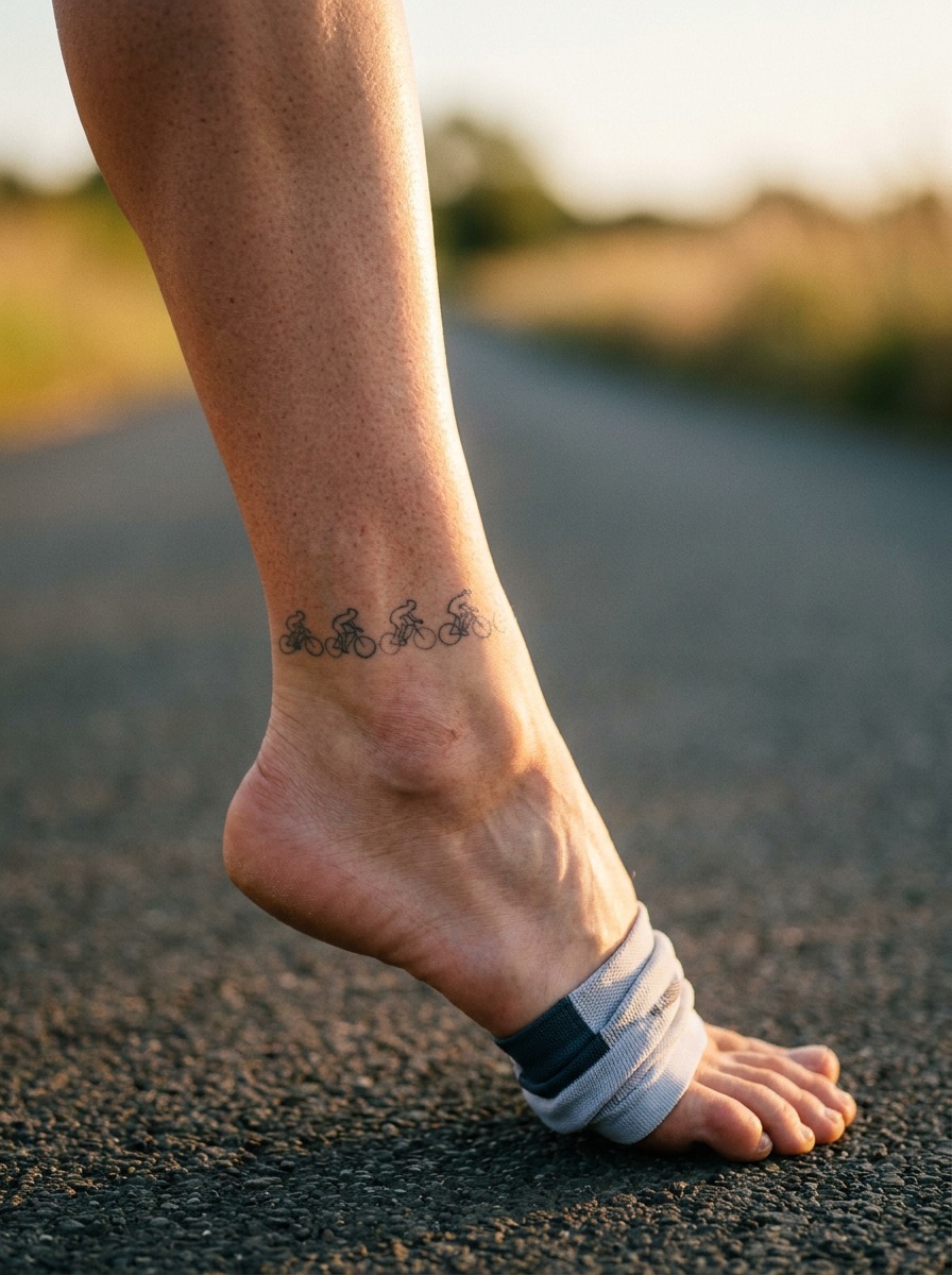 Peloton Paceline Silhouette Ankle Tattoo Single-needle fine-line ankle band tattoo of tiny drafting rider silhouettes in a paceline. | Sky Rye Design Single-needle fine-line ankle band tattoo of tiny drafting rider silhouettes in a paceline.