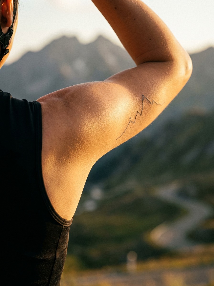 Grand Tour Mountain Elevation Profile Upper Arm Tattoo Single-needle upper arm tattoo of a Grand Tour mountain elevation profile with rider dot. | Sky Rye Design Single-needle upper arm tattoo of a Grand Tour mountain elevation profile with rider dot.