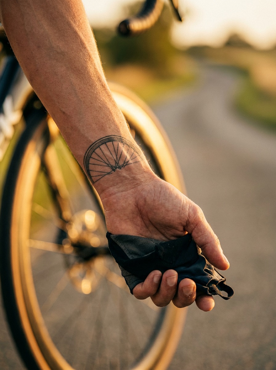 Aero Wheel Spoke Pattern Wrist Cuff Tattoo Detailed single-needle wrist cuff tattoo of an aero wheel spoke lacing pattern. | Sky Rye Design Detailed single-needle wrist cuff tattoo of an aero wheel spoke lacing pattern.