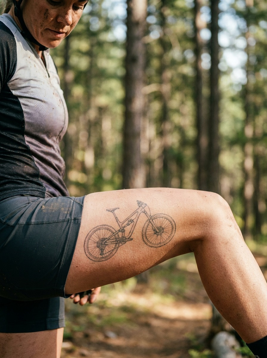 Full-Suspension Mountain Bike Thigh Tattoo Detailed single-needle thigh tattoo of a full-suspension mountain bike with visible frame pivot points. | Sky Rye Design Detailed single-needle thigh tattoo of a full-suspension mountain bike with visible frame pivot points.