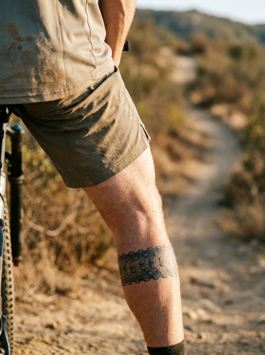 Knobby Tire Tread Band Calf Armband Tattoo Bold blackwork calf armband tattoo featuring a knobby mountain bike tire tread pattern. | Sky Rye Design Bold blackwork calf armband tattoo featuring a knobby mountain bike tire tread pattern.