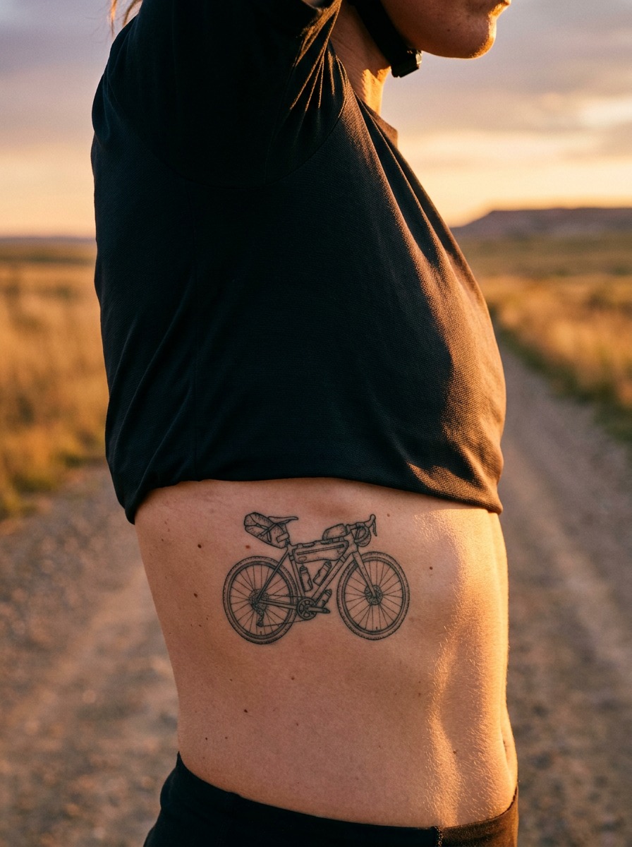 Gravel Bike Bikepacking Ribcage Tattoo Single-needle ribcage tattoo of a gravel bike fully loaded with bikepacking frame bags. | Sky Rye Design Single-needle ribcage tattoo of a gravel bike fully loaded with bikepacking frame bags.