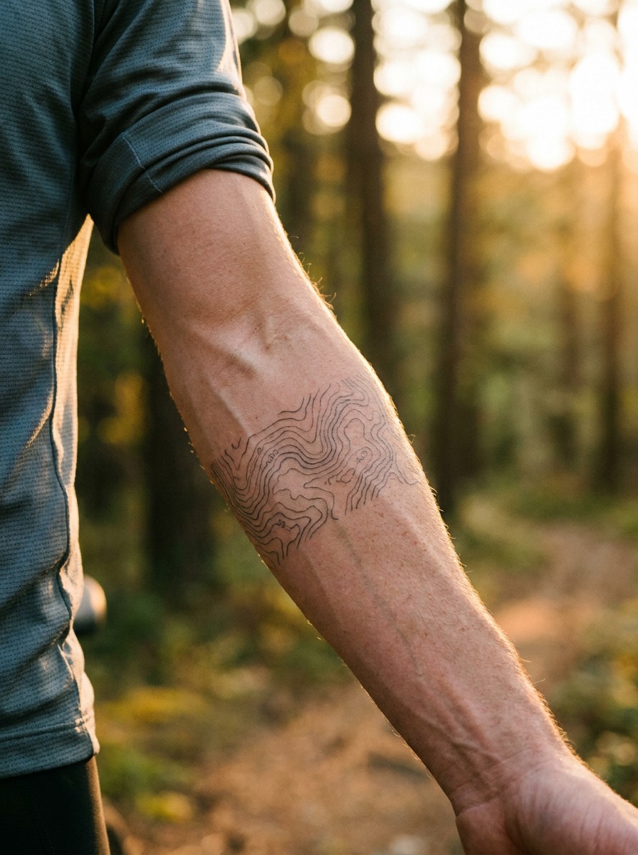 Trail Contour Elevation Map Forearm Tattoo Single-needle inner forearm tattoo of a topographical trail contour elevation map. | Sky Rye Design Single-needle inner forearm tattoo of a topographical trail contour elevation map.