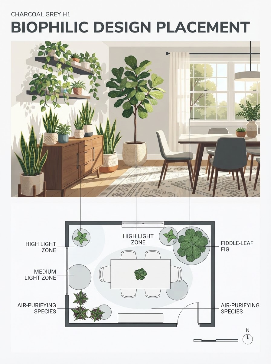 Biophilic Indoor Plant Placement Infographic Two-panel infographic: Sunlit dining nook with potted fiddle figs and hanging pothos; bottom panel maps plant light zones. | Sky Rye Design Two-panel infographic: Sunlit dining nook with potted fiddle figs and hanging pothos; bottom panel maps plant light zones.