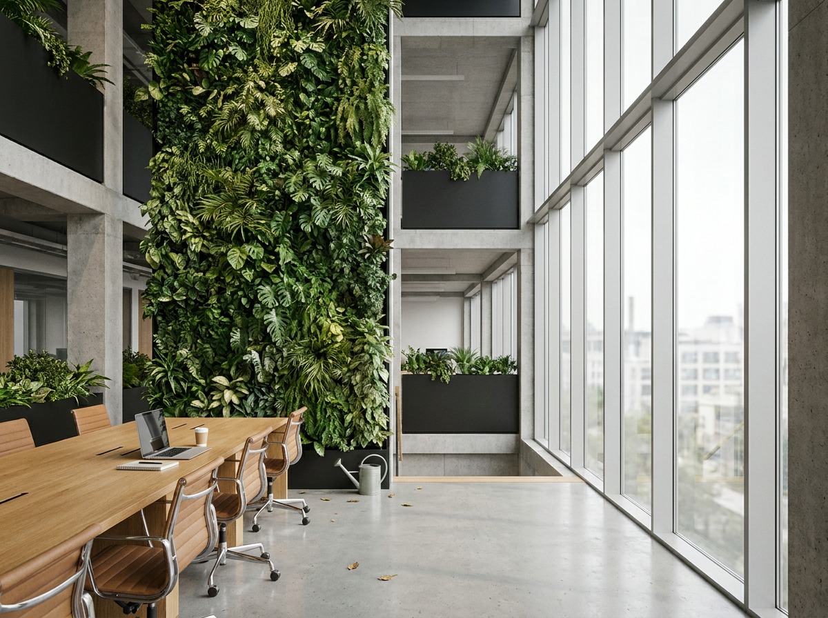 Biophilic office: daylight and greenery at the massing level Biophilic office atrium with desks near glazing and a full-height planted green wall. | Sky Rye Design Biophilic office atrium with desks near glazing and a full-height planted green wall.