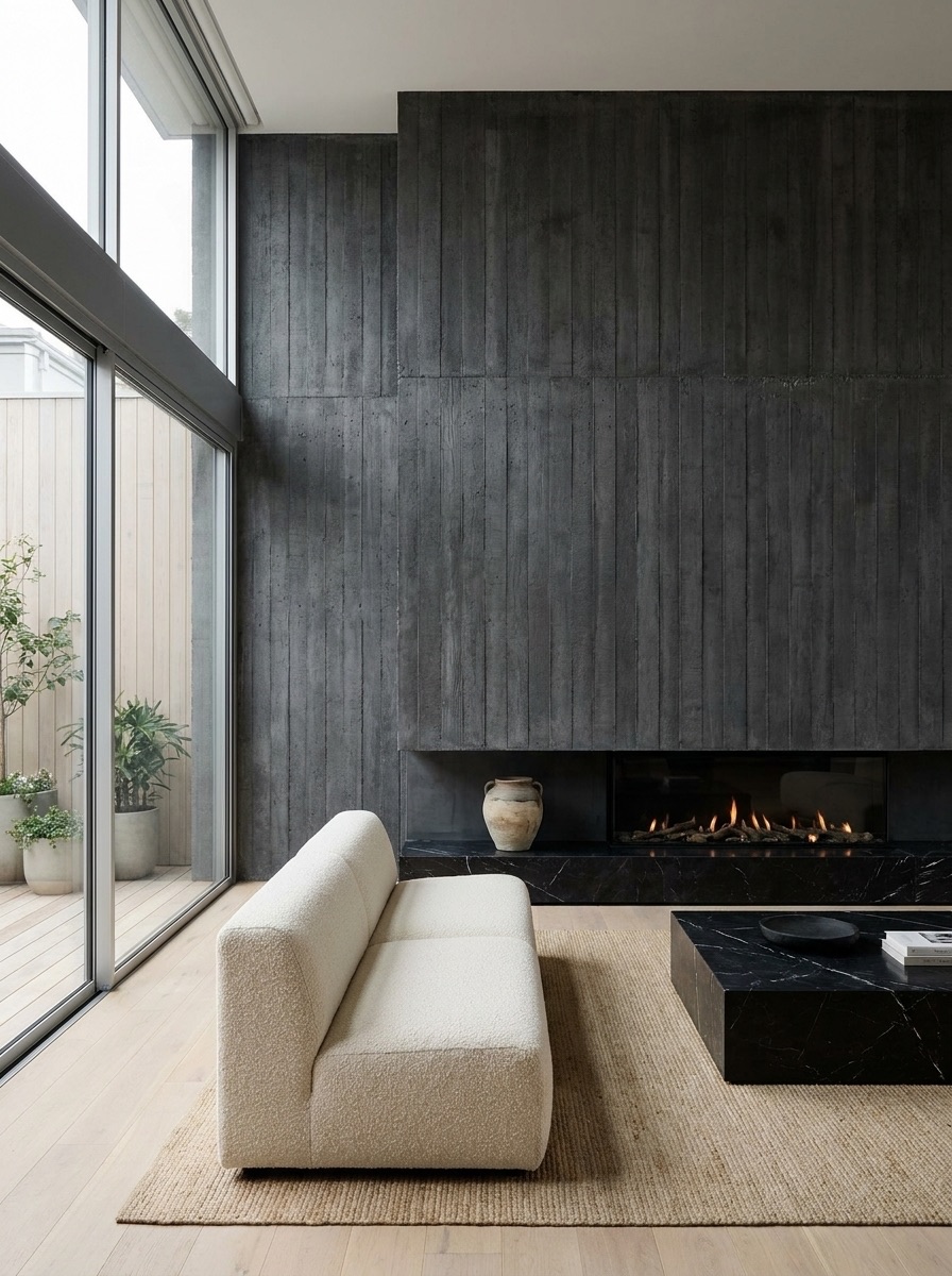Ultra-modern villa living room with black concrete fireplace wall, cream boucle sofa, and linear fireplace decor ideas