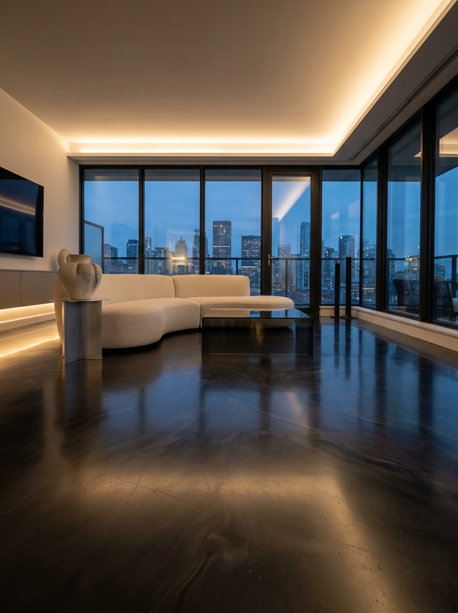 Black Mirror Penthouse Metallic Epoxy Floor Ultra-modern penthouse interior with a seamless deep-black metallic epoxy floor reflecting the evening skyline. | Sky Rye Design Ultra-modern penthouse interior with a seamless deep-black metallic epoxy floor reflecting the evening skyline.