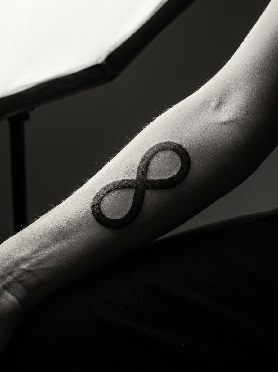Macro close-up of a bold blackwork infinity tattoo on forearm skin