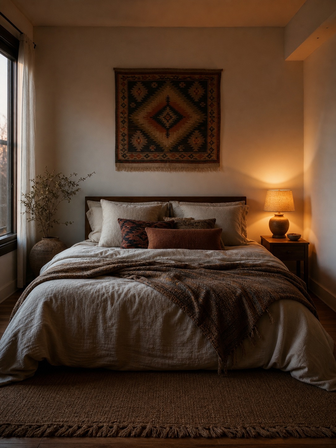 Restrained bohemian bedroom A restrained bohemian bedroom with layered bedding as the focal point, one vintage kilim above the bed, and a warm bedside lamp. | Sky Rye Design A restrained bohemian bedroom with layered bedding as the focal point, one vintage kilim above the bed, and a warm bedside lamp.