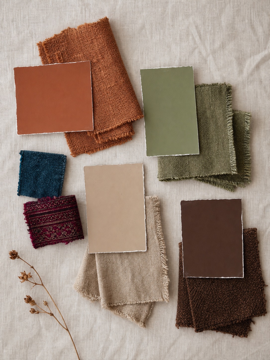 Bohemian color palette flat lay An overhead flat lay of fabric swatches and paint chips in terracotta, sage green, warm sand, deep brown, and muted jewel tones. | Sky Rye Design An overhead flat lay of fabric swatches and paint chips in terracotta, sage green, warm sand, deep brown, and muted jewel tones.