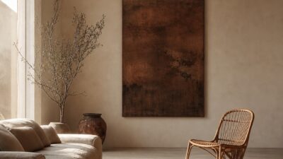 A quiet-luxury bohemian living room with a linen sofa, kilim rug, rattan chair, wall art, and deliberate negative space.
