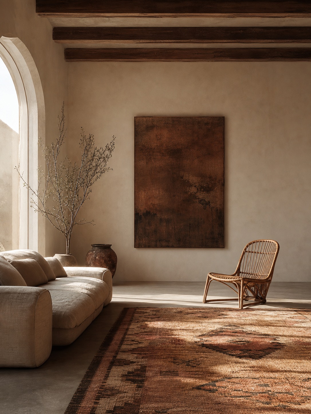 Quiet-luxury bohemian living room A quiet-luxury bohemian living room with a linen sofa, kilim rug, rattan chair, wall art, and deliberate negative space. | Sky Rye Design A quiet-luxury bohemian living room with a linen sofa, kilim rug, rattan chair, wall art, and deliberate negative space.