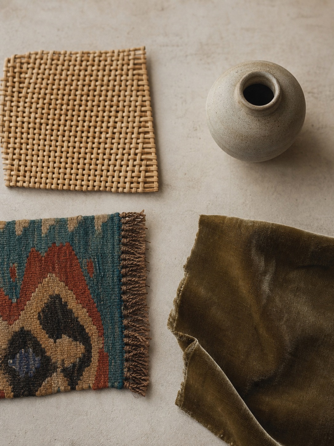 Bohemian materials mood board An overhead mood board with woven rattan, kilim, raw-edge velvet, and a small ceramic vessel arranged with negative space. | Sky Rye Design An overhead mood board with woven rattan, kilim, raw-edge velvet, and a small ceramic vessel arranged with negative space.