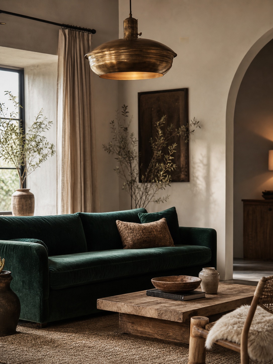 Boho glam living room A boho glam living room with a brass light fixture and velvet sofa set against a restrained natural-texture boho base. | Sky Rye Design A boho glam living room with a brass light fixture and velvet sofa set against a restrained natural-texture boho base.