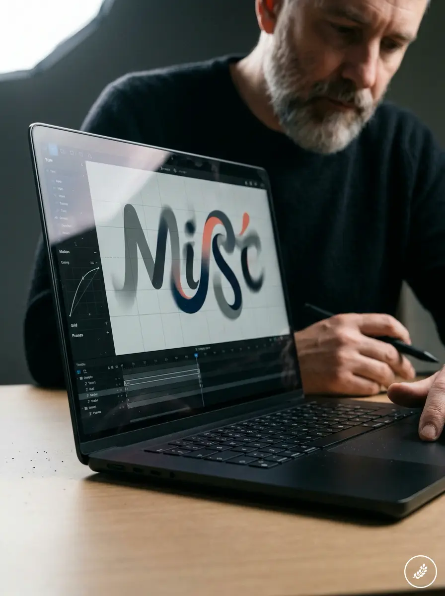 Designer_reviewing_motion_typogr_202607241156 Graphic designer using a stylus on a laptop for colorful Misc logo design, close-up workspace view | Sky Rye Design Graphic designer using a stylus on a laptop for colorful Misc logo design, close-up workspace view