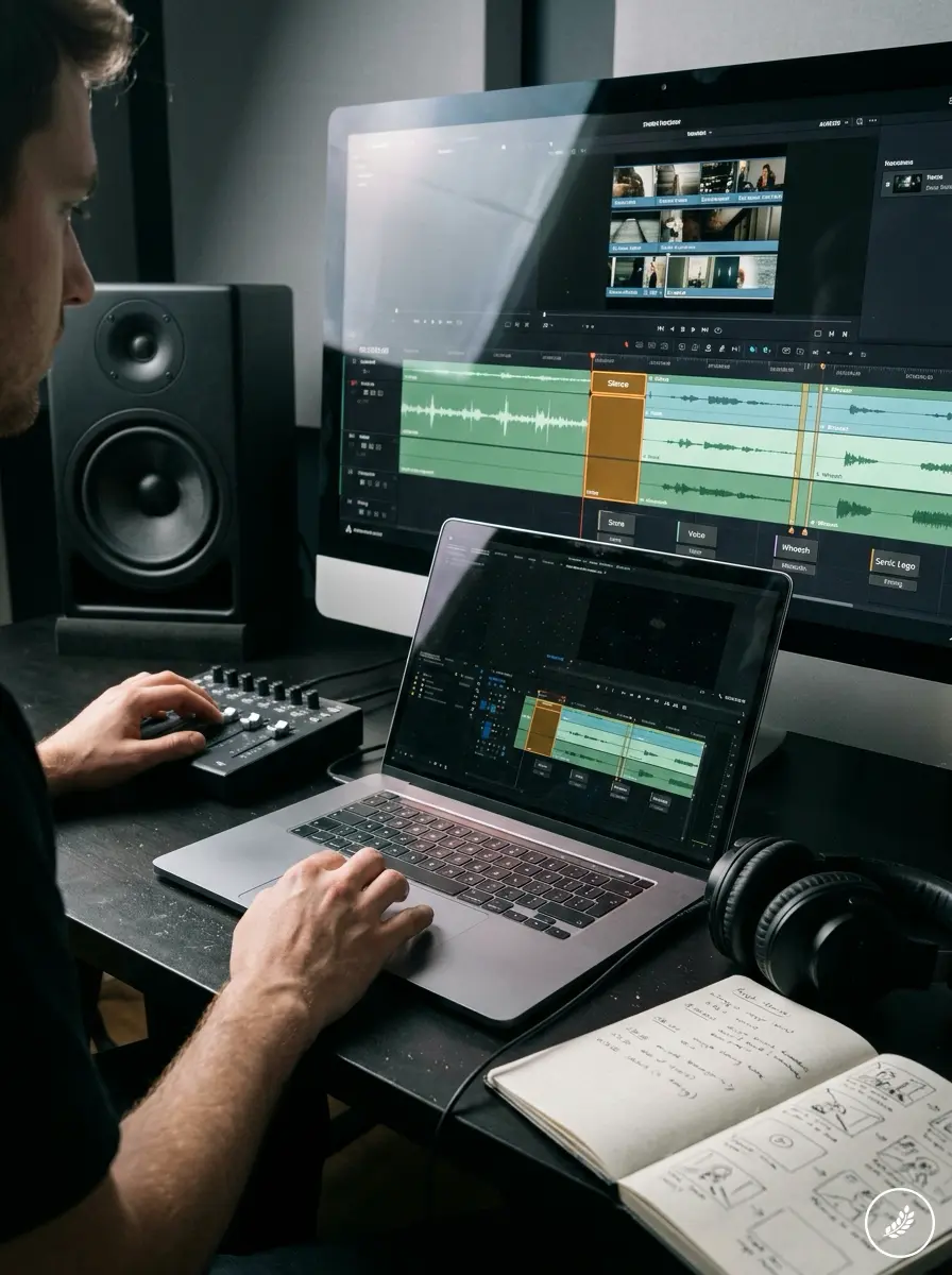 Video_editor_reviewing_brand_vid_202607241203 Person editing audio and video on laptop and large monitor with waveform tracks, studio speaker, headphones, and notebook | Sky Rye Design Person editing audio and video on laptop and large monitor with waveform tracks, studio speaker, headphones, and notebook