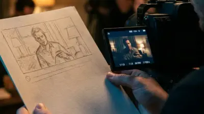 Filmmaker on film production comparing storyboard sketch to camera monitor showing actor on interior set