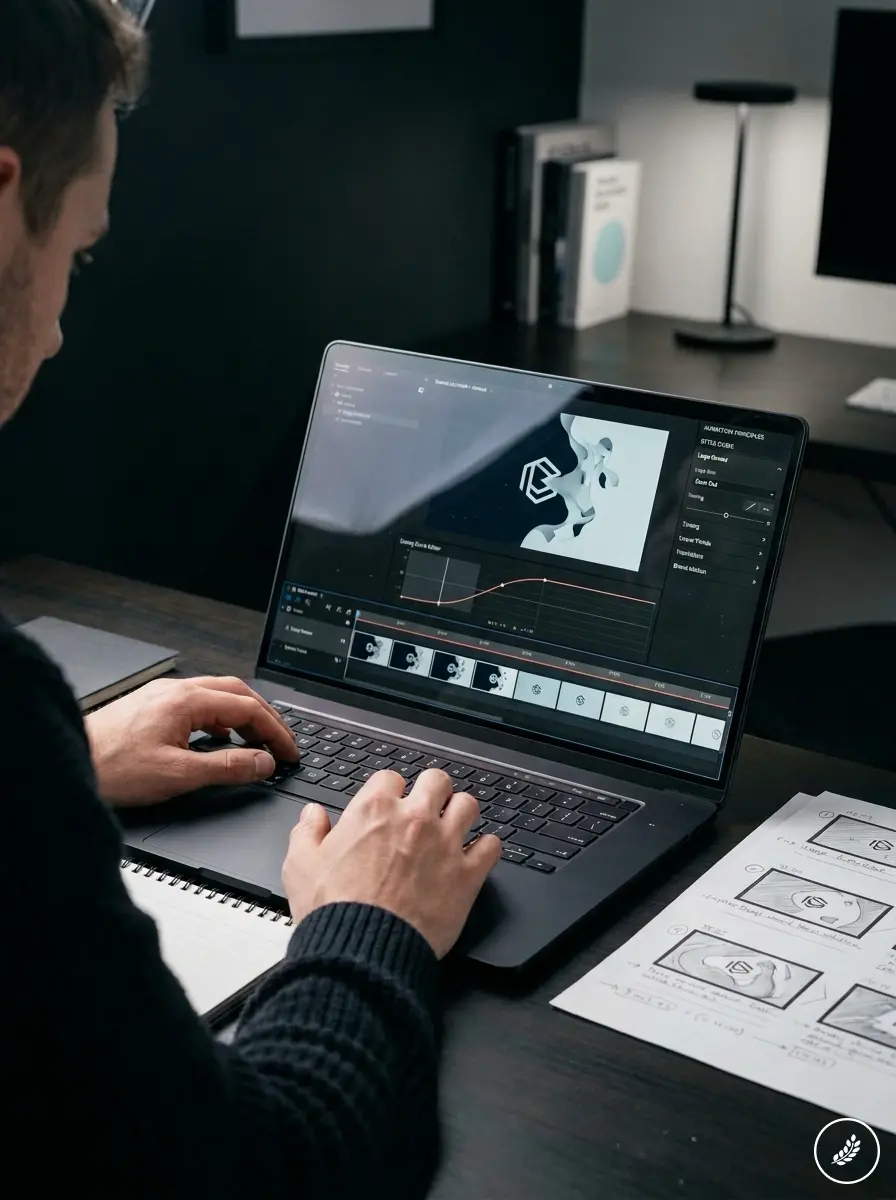 Designer_reviewing_motion_graphi_202607241202 Video editor at laptop editing animation timeline in dark workspace with storyboard sketches and notebook | Sky Rye Design Video editor at laptop editing animation timeline in dark workspace with storyboard sketches and notebook