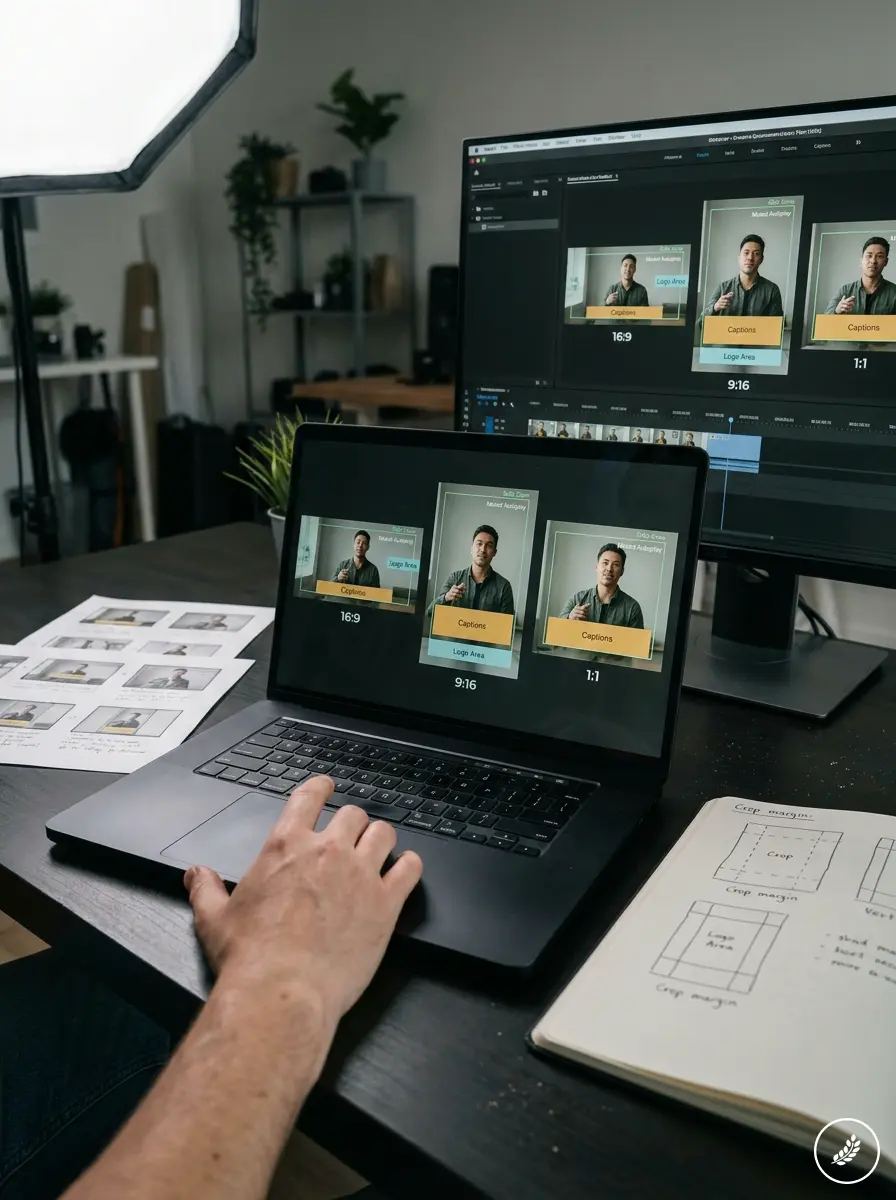 Video_art_director_reviewing_layout_202607241206 Video editor adjusting multi-aspect layouts (16:9, 9:16, 1:1) on laptop with monitor, notebook, studio light | Sky Rye Design Video editor adjusting multi-aspect layouts (16:9, 9:16, 1:1) on laptop with monitor, notebook, studio light