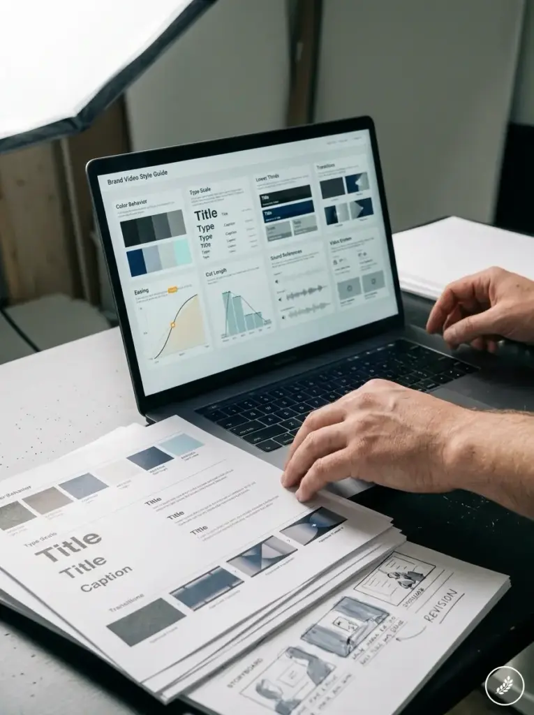 Creative_director_reviewing_vide_202607241211 Designer reviewing brand style guide on laptop with printed mockups, color palette, typography samples and wireframe sketches. | Sky Rye Design Designer reviewing brand style guide on laptop with printed mockups, color palette, typography samples and wireframe sketches.