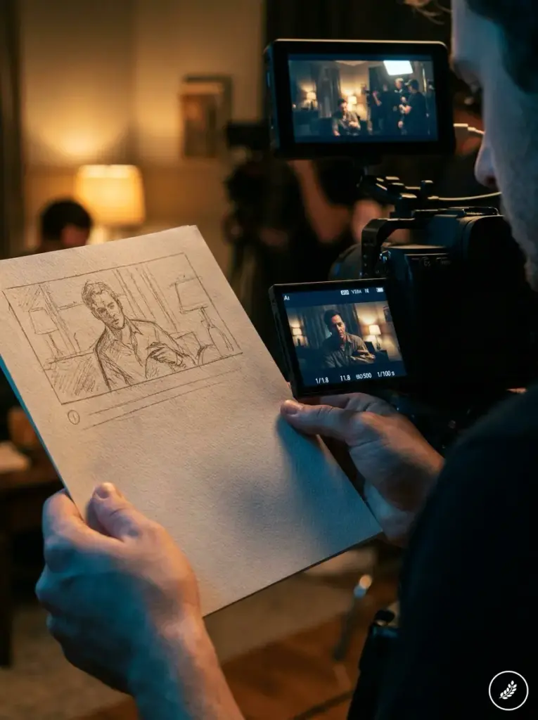 Hands_holding_storyboard_beside__202607240127 Filmmaker on film production comparing storyboard sketch to camera monitor showing actor on interior set | Sky Rye Design Filmmaker on film production comparing storyboard sketch to camera monitor showing actor on interior set