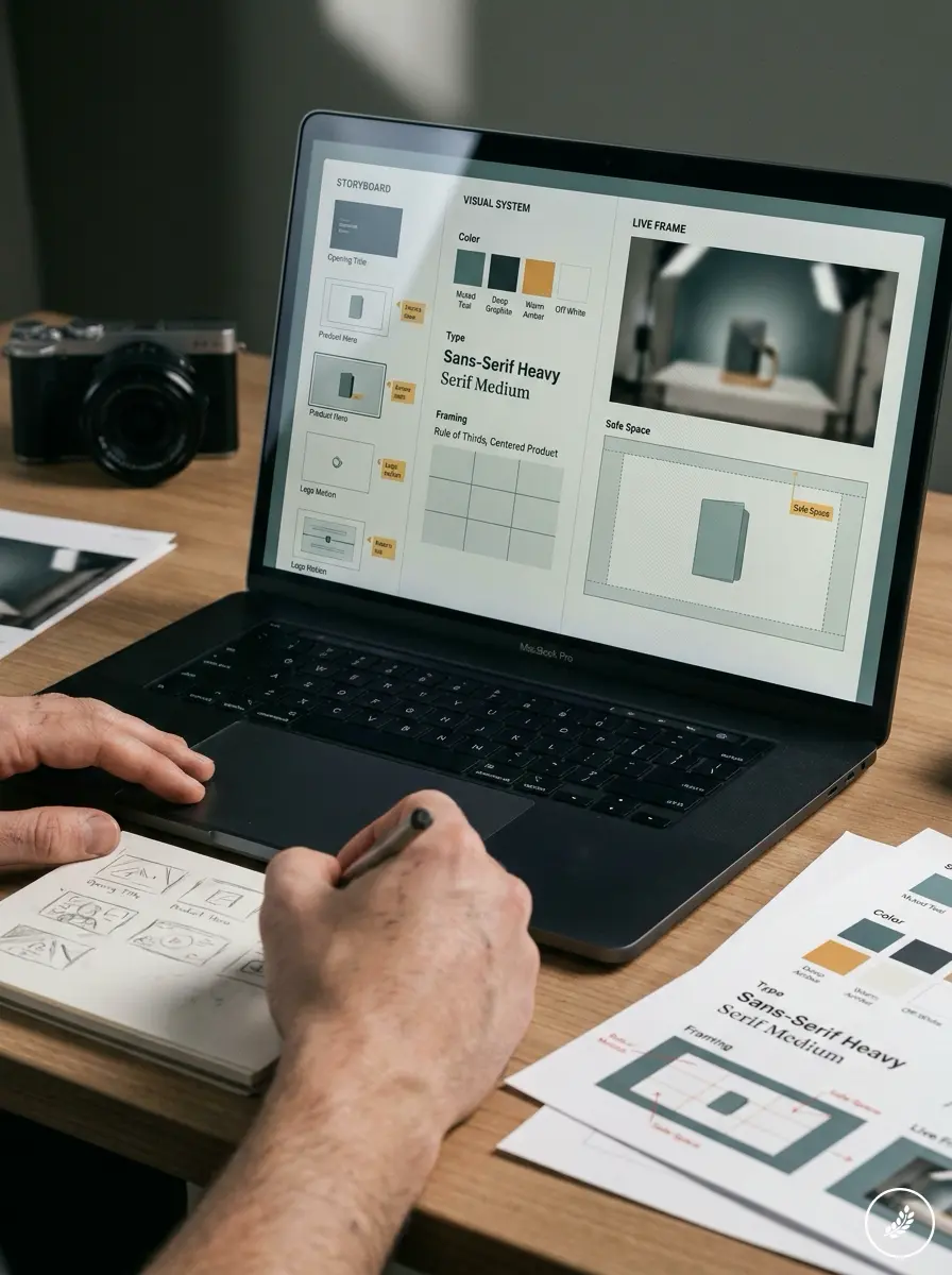 Creative_director_planning_brand_202607241235 Designer sketching storyboards and branding style guide on laptop screen and printed sheets beside camera | Sky Rye Design Designer sketching storyboards and branding style guide on laptop screen and printed sheets beside camera