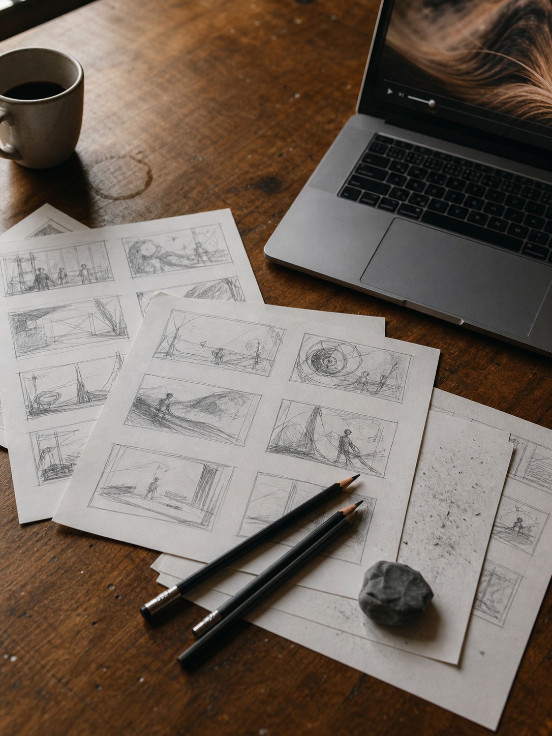 Brand video design workspace flat lay Storyboard sketches, pencils, laptop, eraser, and coffee cup on a warm design desk. | Sky Rye Design Storyboard sketches, pencils, laptop, eraser, and coffee cup on a warm design desk.