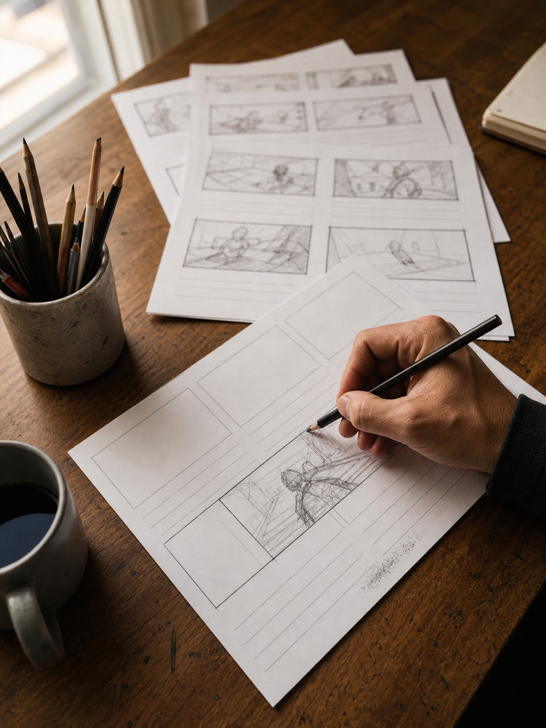 Brand video storyboard sketch hero Hand sketching a storyboard frame on a design desk with pencils and storyboard pages. | Sky Rye Design Hand sketching a storyboard frame on a design desk with pencils and storyboard pages.