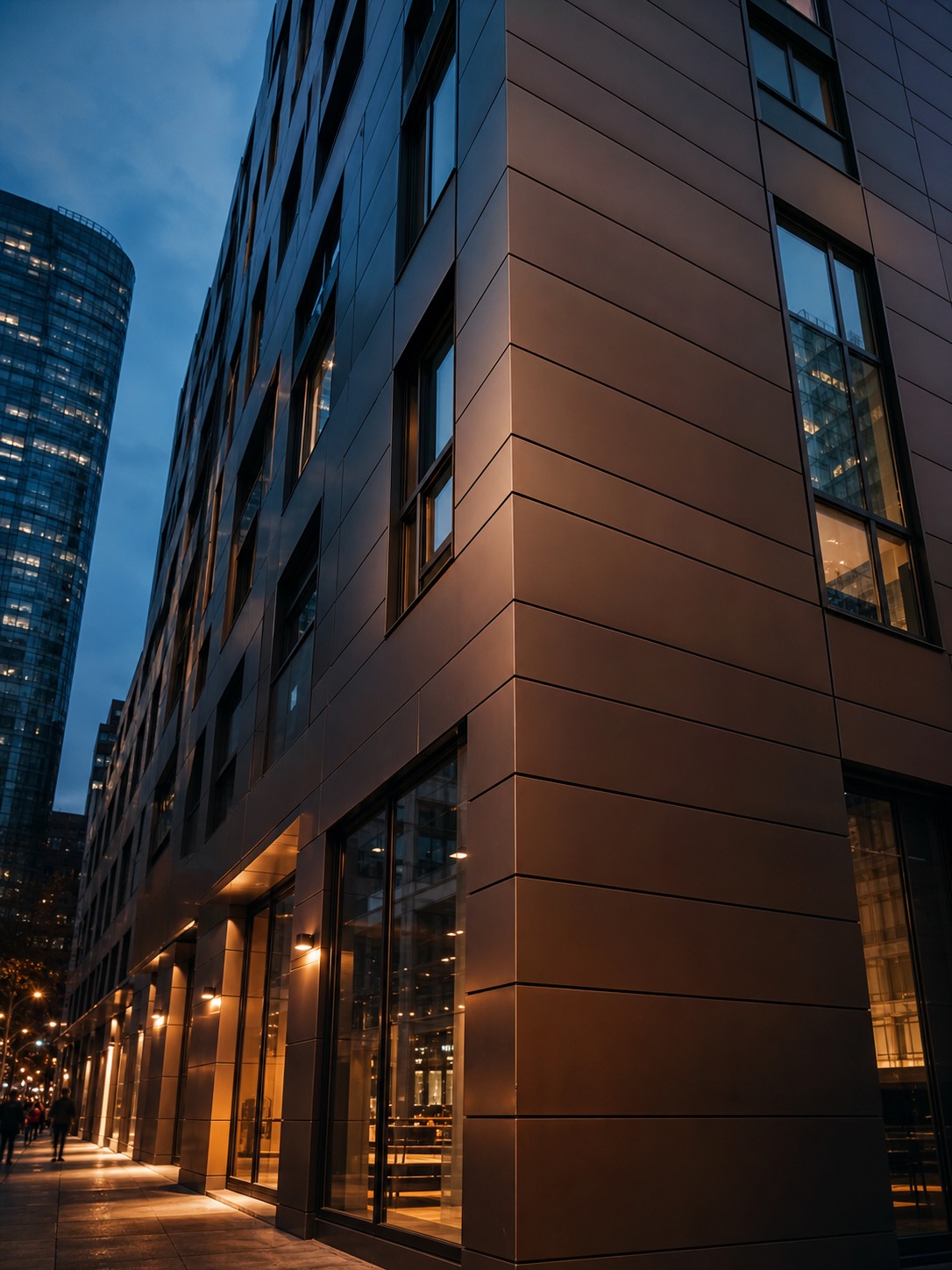 Bronze aluminum composite panel facade Urban building facade clad in bronze-toned aluminum composite panels at blue hour. | Sky Rye Design Urban building facade clad in bronze-toned aluminum composite panels at blue hour.
