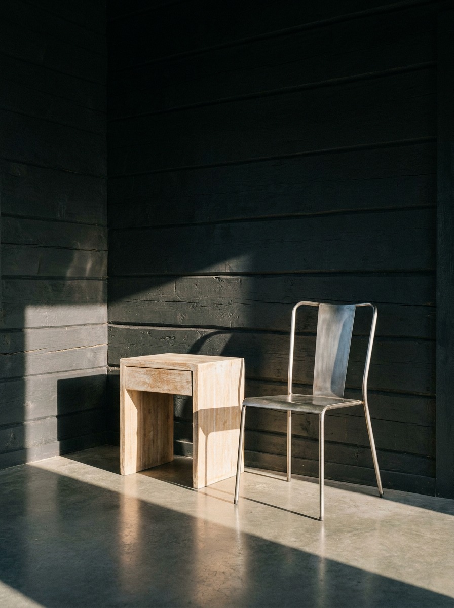 A budget modern cottage corner with a limewashed oak side table, vintage steel chair, hard daylight, and honest wear.