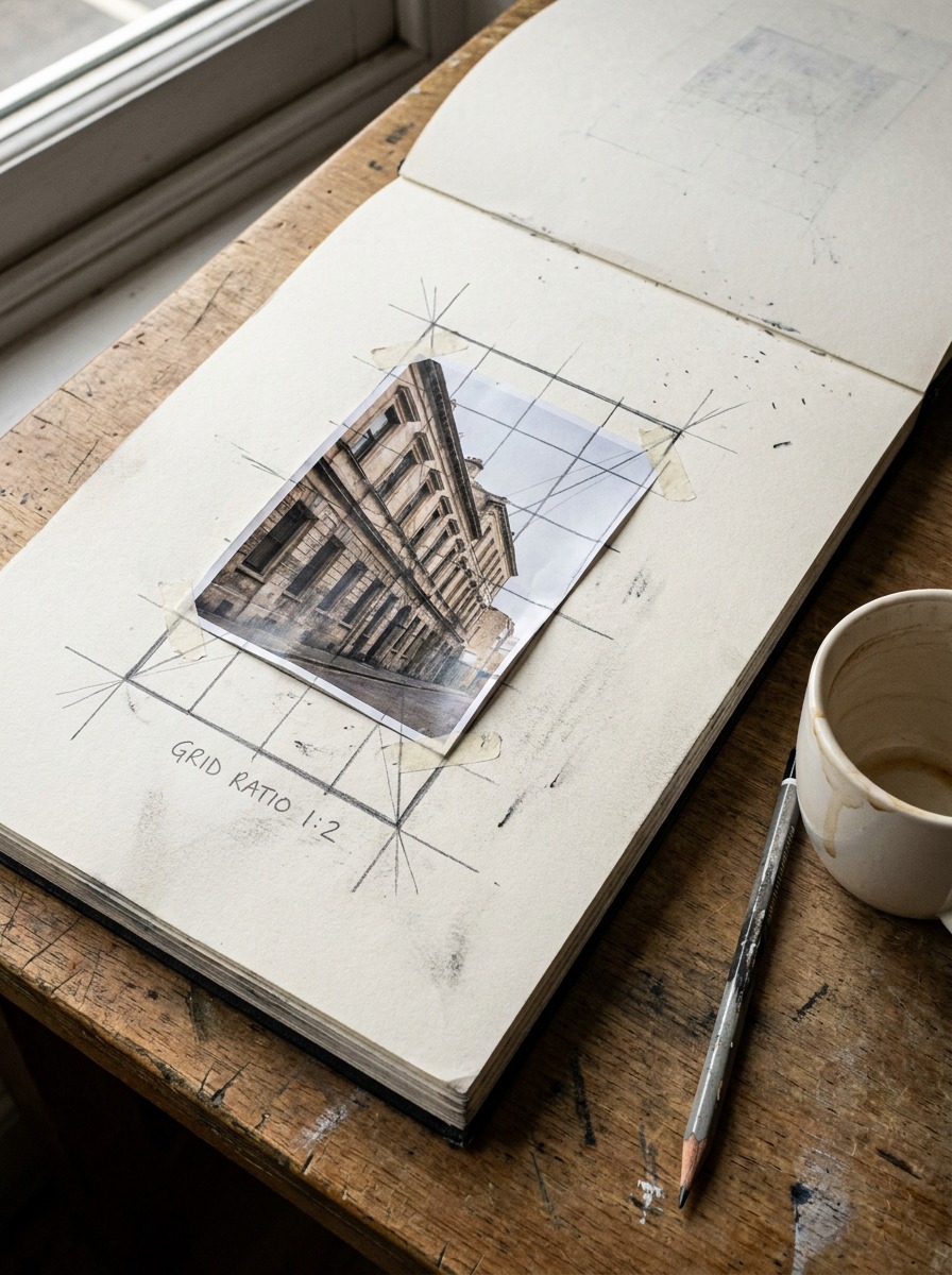Open sketchbook with a pencil grid over a taped building facade photo on a wooden desk.