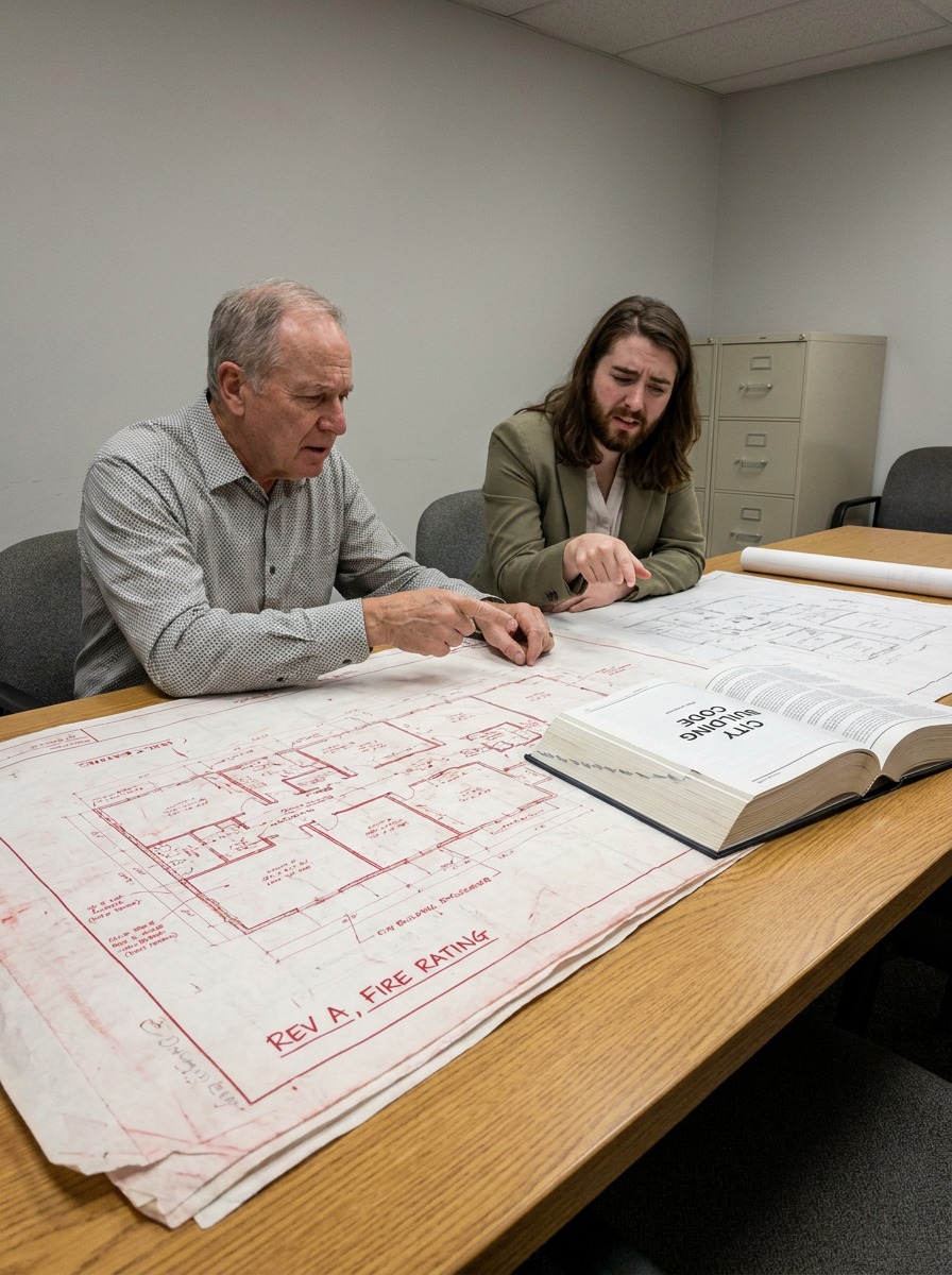 Building Permit Plan-Check Review Meeting Candid photograph of an architect and city building reviewer reviewing redlined permit plans across a conference table. | Sky Rye Design Candid photograph of an architect and city building reviewer reviewing redlined permit plans across a conference table.