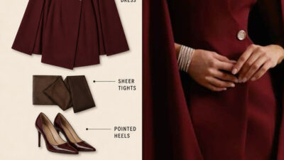 Two-panel infographic for a burgundy cape dress outfit with sheer tights, heels, clutch, and silver jewelry.