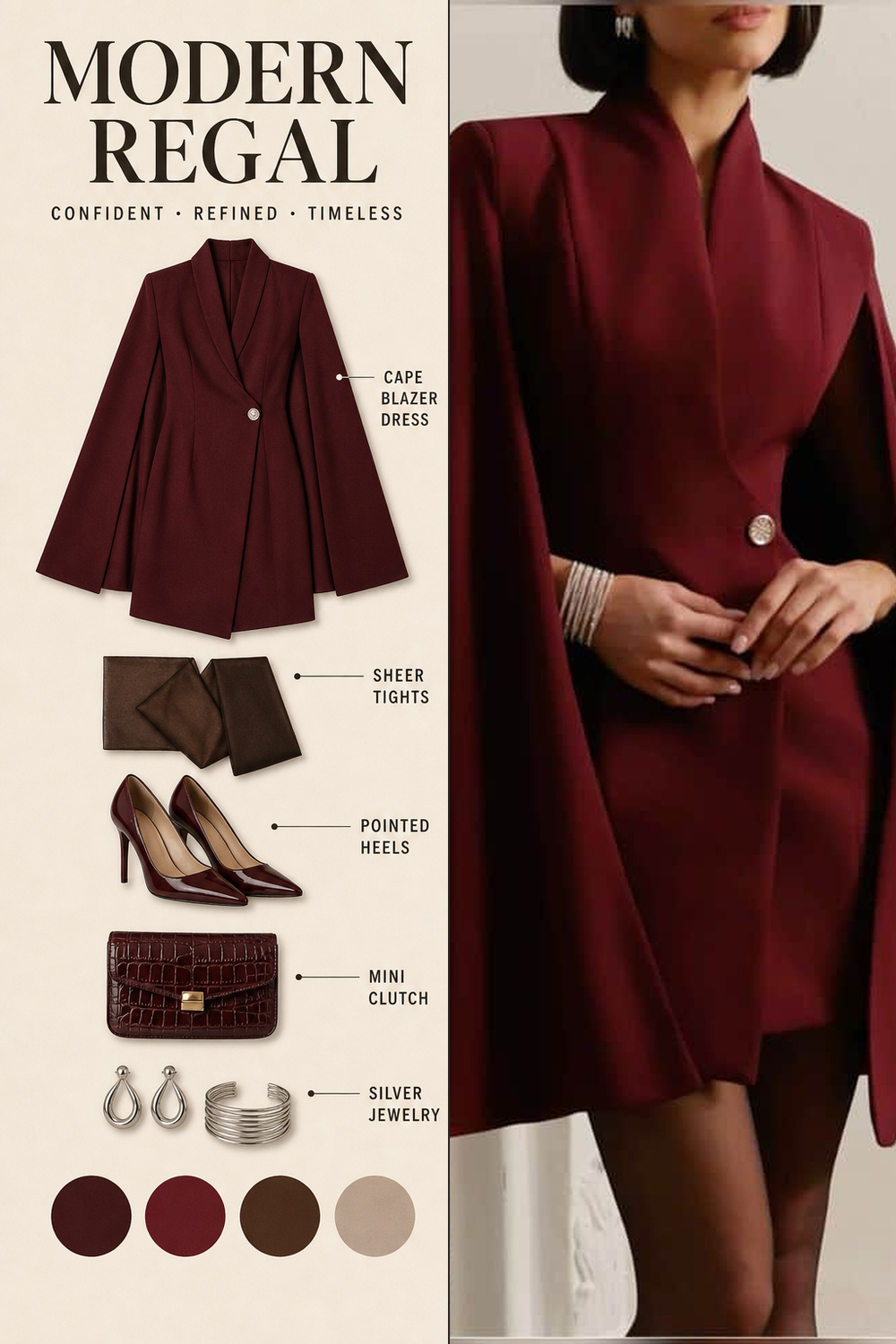 Burgundy Outfit Infographic 01 Two-panel infographic for a burgundy cape dress outfit with sheer tights, heels, clutch, and silver jewelry. | Sky Rye Design Two-panel infographic for a burgundy cape dress outfit with sheer tights, heels, clutch, and silver jewelry.