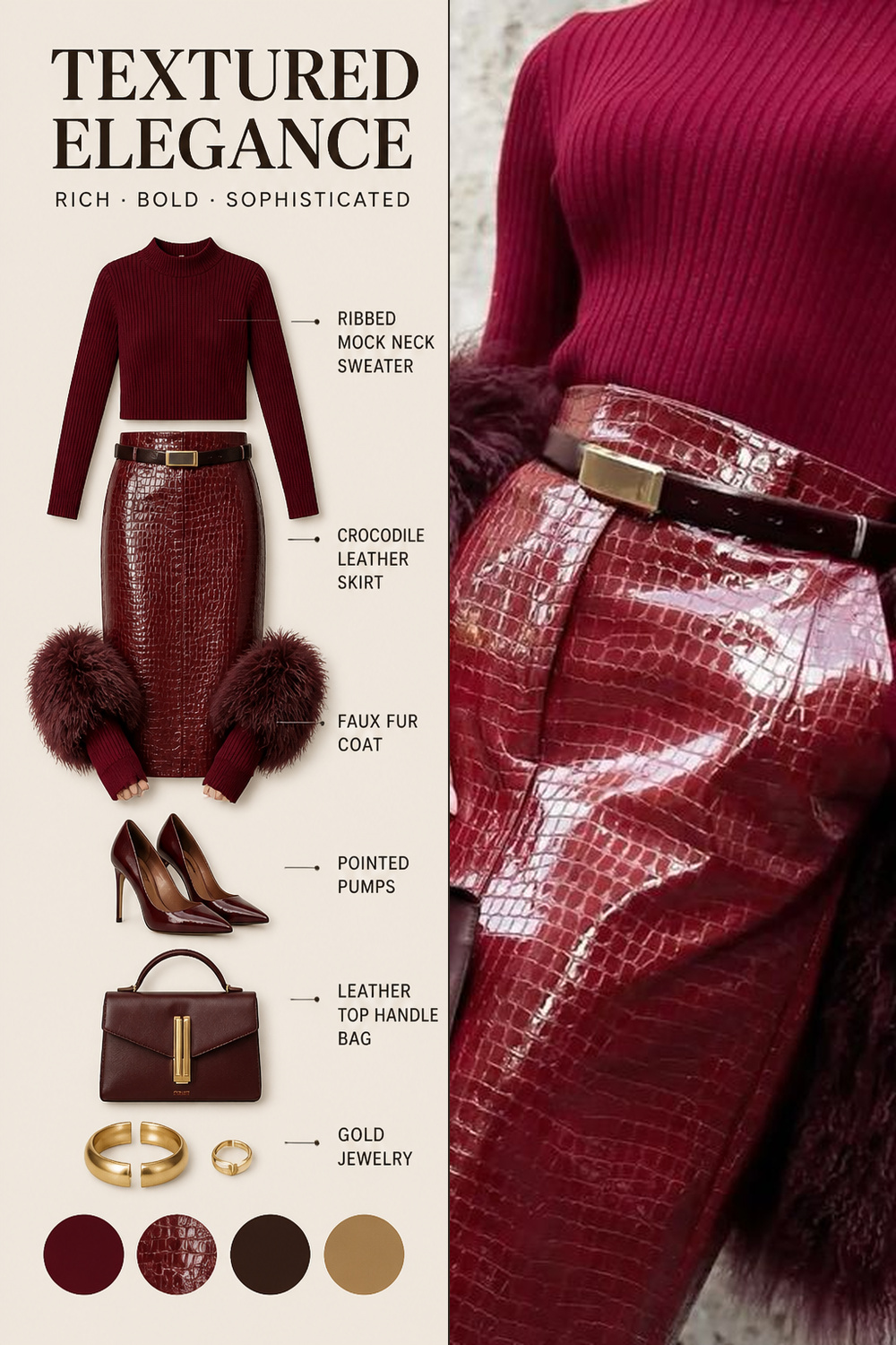 Burgundy Outfit Infographic 02 Two-panel infographic for a textured burgundy outfit with ribbed knit top, glossy skirt, fur coat, handbag, and gold jewelry. | Sky Rye Design Two-panel infographic for a textured burgundy outfit with ribbed knit top, glossy skirt, fur coat, handbag, and gold jewelry.