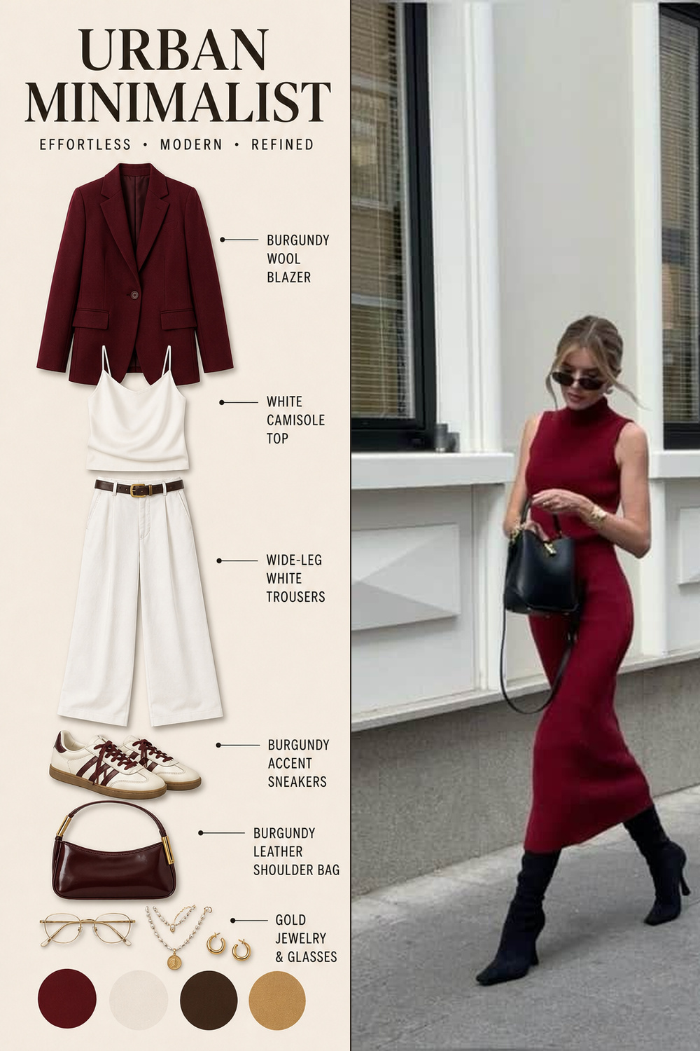 Burgundy Outfit Infographic 03 Two-panel infographic for a burgundy sleeveless knit dress outfit with black boots, handbag, sunglasses, and gold accessories. | Sky Rye Design Two-panel infographic for a burgundy sleeveless knit dress outfit with black boots, handbag, sunglasses, and gold accessories.