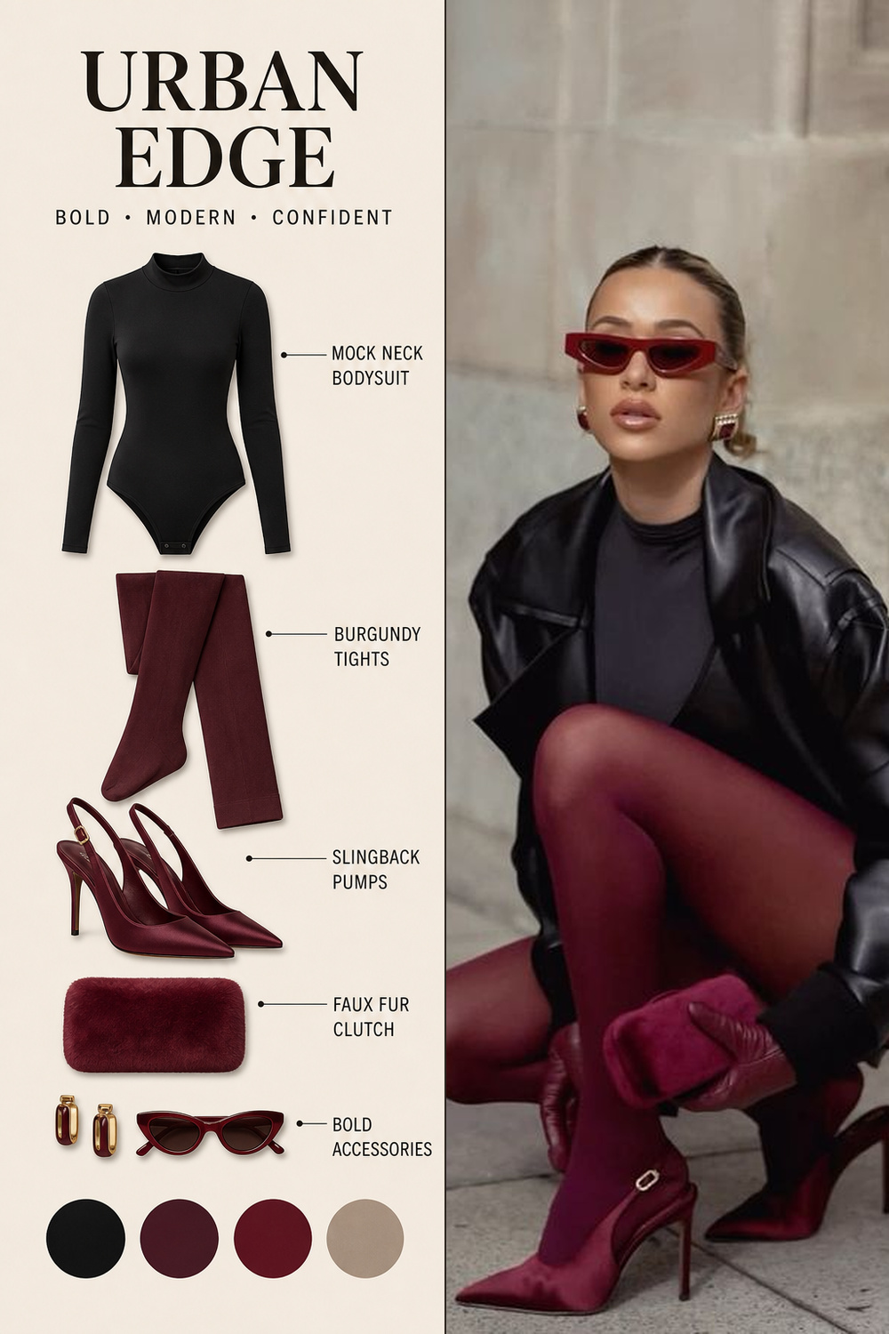 Burgundy Outfit Infographic 04 Two-panel infographic for an urban burgundy outfit with black leather jacket, burgundy tights, satin pumps, gloves, and sunglasses. | Sky Rye Design Two-panel infographic for an urban burgundy outfit with black leather jacket, burgundy tights, satin pumps, gloves, and sunglasses.